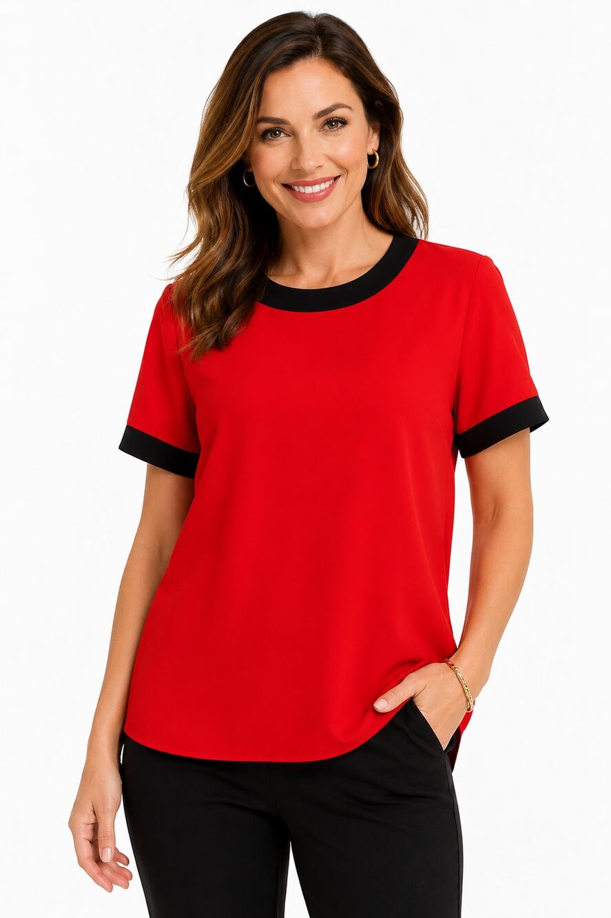 Graver Studio Women's Color Block Blouse Size Large 14/16 Black Red Short Sleeve